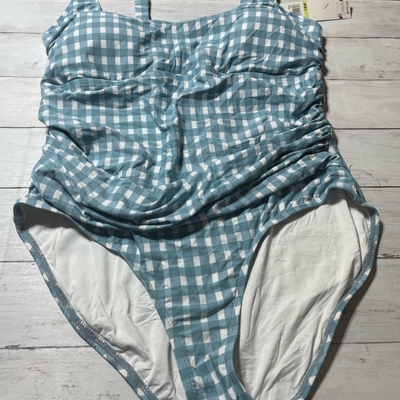 Anne Cole GINGHAM BLUE WHITE Plus Size Checked Shirred One-Piece Swimsuit 18W - Picture 4 of 8